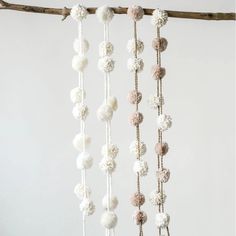 three white and pink pom - poms hanging from a tree branch in front of a white wall