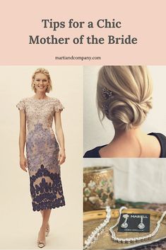 a woman in a dress and necklace with the words how to be a chic mother of the bride