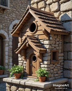 a bird house made out of wood and stone