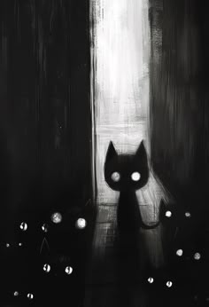 a black and white photo of a cat with glowing eyes in front of a window