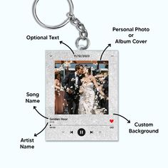 a key chain with an image of a couple on it and other words surrounding the photo