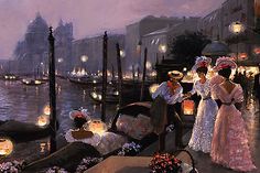 a painting of people standing on a dock by the water at night with lit candles