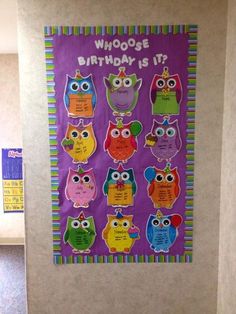 an owl themed birthday banner hangs on the wall in front of a classroom hallway door