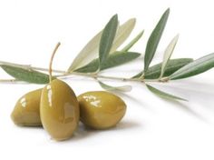 two green olives with leaves on a white background