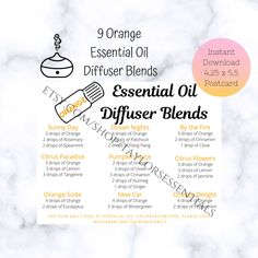 PLEASE READ BEFORE PLACING YOUR ORDER ✧Description✧ Tired of scrolling through your pictures/Instagram/Pinterest to try to find essential oil diffuser blends? This Orange Essential Oil Diffuser Blends Recipe Card is perfect to save on your phone, or print out and keep by your essential oils or send as happy mail to your essential oil downline/oily friends! On the recipe card, I share 9 of my favorite Orange Essential Oil Diffuser Blends! ✧Each Order Includes: (1) Orange Essential Oil Diffuser Bl Lavender Diffuser, Essential Oil Labels, Essential Oil Diffuser Blends Recipes, Essential Oil Spray, Lime Essential Oil, Essential Oil Diffuser Recipes, Oil Diffuser Recipes, Diffuser Blend, Grapefruit Essential Oil