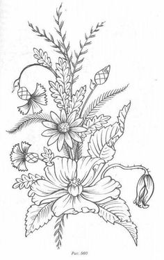 a black and white drawing of flowers with leaves on it's stems, in a vase