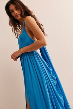 So beachy for any season, this stunning maxi from our free-est collection will turn heads with every wear. **Fit:** Billowy, A-line silhouette **Features:** Square neckline, babydoll bust cut, sultry tie-back detail, smocked bust, slit hem feature **Why We ❤ It:** Elevated with sleek heels or off duty with simple sandals, this style has endless ways to wear. | Look My Way Maxi Dress by free-est at Free People in Blue, Size: S Simple Sandals, Style Maxi Dress, Off Duty, Jeans Dress, Square Neckline, Boho Outfits, My Way, Lightweight Fabric, New Outfits