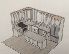 a drawing of a kitchen with an island in the middle and cabinets on both sides