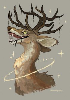 a drawing of a deer with its mouth open and it's teeth wide open