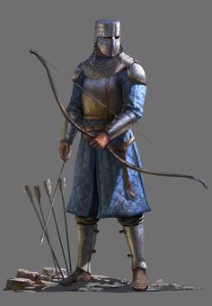 a man dressed in armor holding a bow and arrow with two arrows on the ground