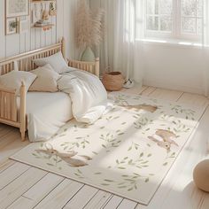 a bed room with a neatly made bed and a rug on the floor next to it