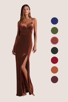 a woman in a long dress with different colors on it and the color chart below her