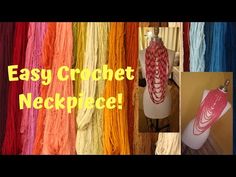 the easy crochet necklace is displayed in front of an assortment of yarns