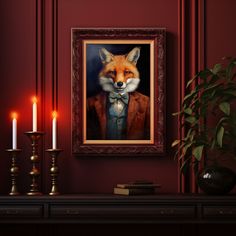 a painting of a fox wearing a suit and tie with candles in front of it