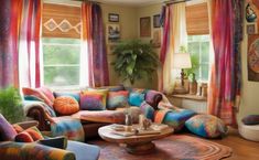 a living room filled with lots of colorful furniture next to a large potted plant