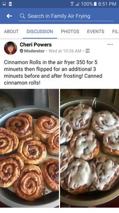 the cinnamon rolls in the air fryer are ready to be eaten for 5 minutes before and after frosting