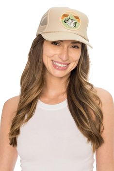 COLOR: Tan Find your 'Friday Happy' no matter what day it is! A hat to look and feel good in! A comfortable foam front, mesh back, high crown trucker hat featuring an adjustable snap back. DETAILS + CARE: Front: 100% Polyester Back: 100% Nylon Front panel with lining Made locally in Newport Beach, CA Indah Clothing, Crazy Hat Day, Sparkle Shoes, Take A Hike, Fragrance Collection, Snap Back, Swimwear Sale, Newport Beach, Hats For Sale