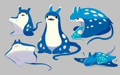 four different types of blue and white sea animals with spots on their body, one is sitting