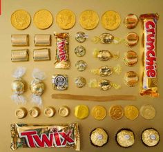 candy, candies and other items laid out on a table