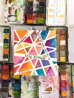 an assortment of watercolors with the words love yourself painted on them