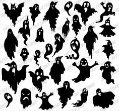 the silhouettes of halloween ghostes are shown in black and white, with different shapes