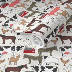 a white wallpaper with farm animals and barnyards printed on it's sides