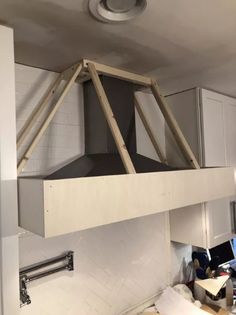 a stove top oven sitting inside of a kitchen next to a wall mounted exhaust fan