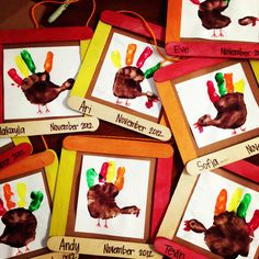 handprinted thanksgiving cards with turkeys and carrots on them for kids to make