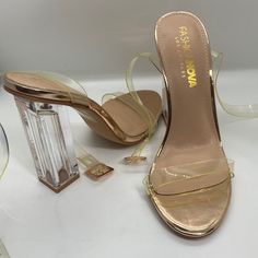 Nude Heel Clearish Straps Rectangular Heel 6.5 Worn Once 8.5 Never Worn Brand New Gold Heels With Clear Strap For Spring, Gold Heels With Clear Strap For Evening, Gold High Heels With Clear Strap, Clear Block Heels, Shoes Beige, Fashion Nova Shoes, Beige Heels, Nude Heels, 5 Inch Heels