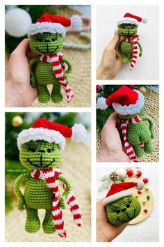 crocheted grino christmas ornament with santa hat and candy canes