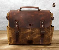 "Personalized Waxed Canvas Briefcase, Canvas Messenger Bag, Full Grain Leather bag, Laptop Bag, Crossbody Bag, Best Gift, It's a best companion for work, school or travelling... Features: * Bag Size : L 14.2 x H 10.6 x D 5 inches, Comes with a shoulder strap, Fit for 14\" laptop; * Made with high quality waxed canvas & full grain leather; * Waterproof, retro style, simple, thick and durable; * It's a great gift for friends, colleagues or family! * Color:  Khaki / Grey / Army green Personalizatio Rectangular Waxed Canvas Bag With Luggage Sleeve, Classic School Bag With Waxed Finish, Rectangular Waxed Canvas Satchel For School, Rectangular Waxed Canvas Laptop Bag, Classic Waxed Finish School Bag, Brown Canvas Briefcase For School, Vintage Rectangular Canvas Bag With Waxed Finish, Brown Waxed Canvas Rectangular Laptop Bag, Rectangular Waxed Canvas Briefcase