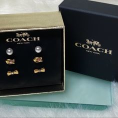 Authentic Coach, Limited Edition. Three Sets Of Earrings, Stud Style With Crystals And Pearls. Plated Brass In Gold Finish. All Have Clutch Backs, Included. Pearls, Logo ‘C’ With Pink Crystals And Bows With White Crystals. Feminine And Versatile Set. Coach Box Included. Condition: New With Tags. Smoke Free And Pet Free Environment. New To Poshmark? Save $10 When You Sign Up With Code Dalinn1 Coach Earrings, Open Circle Necklace, Apple Earrings, Rose Stud Earrings, Rainbow Logo, Coach Jewelry, Bar Stud Earrings, Stud Style, Bar Studs