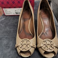 Authentic Tory Burch Mini Miller Open Toe 65mm Wedge Pump In Trench Tan 100% Leather Style Number 11158635 So Comfortable And Well Loved Original Box And Dust Bag Included Open To Offers! Wedge Pump, Wedge Pumps, Leather Style, Womens Shoes Wedges, Tory Burch Shoes, Tan Color, Leather Fashion, Open Toe, Tory Burch