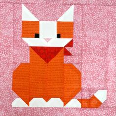 an orange and white cat sitting on top of a pink background