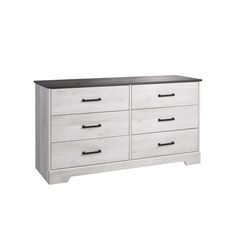 a white dresser with black top and drawers on the bottom, in front of a white background