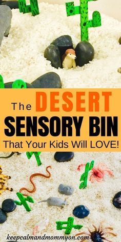 the desert is filled with sand and toys for kids to play in, including rocks