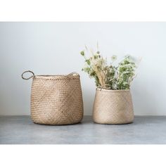 two woven baskets with plants in them sitting on a counter top next to each other