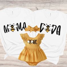 two shirts that say mama and bee on the front, one with a bow at the back