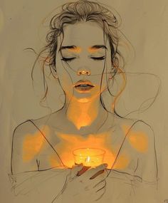 a drawing of a woman holding a lit candle