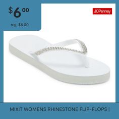 Elevate your casual-chic looks this summer with these Mixit women's flip-flops. Featuring a rhinestone embellished strap, this pair of slip-on flats will go with everything from your favorite swimwear look to printed flowy dresses. Closure Type: Slip-OnShoe Heel Height: 1/2 InchUpper/Outer Base Material: 100% PvcSole Material Content: 100% PolyethyleneToe Type: Open Toe, Round ToeHeel Style: Flat HeelCountry of Origin: Imported Spring Rhinestone Synthetic Flip Flops, Flowy Dresses, Flip Flop Sandals, This Summer, Casual Chic, Open Toe, Clothing And Shoes, Flip Flops, Heel Height