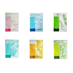 six different types of soaps in plastic bags on a white background with green leaves