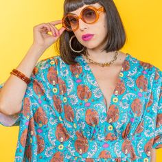 Dark-haired model in teal monkey print cotton caftan Flavor Ice, Blue Hawaiian, Monkey Business, Ice Cream Treats, Cotton Spandex, Cotton Weaving, Colorful Prints, Plus Size, Blue