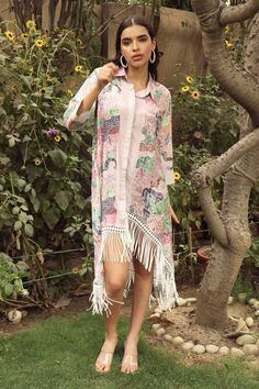 Pink base asymmetric shirt dress with multicolor abstract botanical print and fringe lace at hem. - Aza Fashions Dresses Short Pink, Asymmetric Shirt, Abstract Botanical, Fringe Dress, Cotton Muslin, Botanical Print, Muslin Cotton, Pink Cotton, Dress For Women