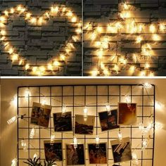 there are pictures on the wall with lights around it and in front of them is a heart made out of photos