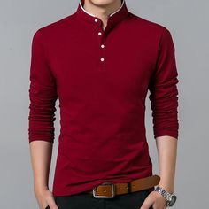 Color: Red, Size: XXL Fitted Red T-shirt For Fall, Red Cotton T-shirt For Fall, Classic Red Fitted T-shirt, Red Slim Fit Tops For Fall, Red Fitted Long Sleeve T-shirt, Red Long Sleeve Winter T-shirt, Red Slim Fit Cotton Shirt, Red Long Sleeve T-shirt For Winter, Casual Long Sleeve Red T-shirt