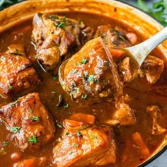 meat stew with carrots and gravy in a pot