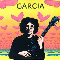 a painting of a man holding a guitar in front of a colorful background with butterflies