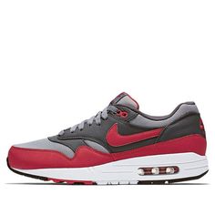 Nike Air Max 1 Essential 'Gym Red Grey' 537383-062 Red Athleisure Sneakers With Air Cushioning, Red Nike Air Max For Sports, Red Nike Air Max With Air Cushioning, Red Nike Air Max With Air Max Cushioning, Nike Air Max Red Sports Shoes, Sporty Red Nike Air Max With Cushioning, Sporty Red Nike Air Max For Sports, Sporty University Red Running Shoes With Air Max Cushioning, University Red Running Shoes For Sports