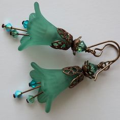 Host Pick Antiqued Brass Earwires And Bead Caps (Lead And Nickel Free) Austrian Crystals Large Aqua Lucite Flowers Handcrafted, Lightweight 2 1/4" Long Lucite Flower Earrings, Trumpet Flower, Blue Flower Painting, Lucite Jewelry, Bronze Earrings, Vintage Style Earrings, Painted Jewelry, Hand Painted Jewelry, Unique Gifts For Her