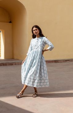 🌿  ELLORA Feel fresh and vibrant in our every day Ellora dress. Designed for effortlessly feminine look. With a gathered waist and beautiful traditional hand block printed motifs, this dress is all about casual comfort. Size S:  Shoulders 38cm - 15.3"    Bust 94cm - 37" Waist 84cm - 33" Length approx. 118cm - 46.4" Size M:   Shoulders 41cm - 16.1" Bust 100cm - 39.3" Waist 88cm - 34.6" Length approx. 118cm - 46.4" Size L:   Shoulders 41cm - 16.1" Bust 104cm - 40.9" Waist 92cm - 36.2" Length appr Casual Straight Kurta Dress For Summer, Summer Straight Kurta Dress With Block Print, Summer Block Print Straight Kurta Dress, White Straight Kurta Dress For Summer, Traditional White Midi Dress For Summer, Bohemian Style Summer Kurta With Yoke Detail, Bohemian White Straight Kurta Dress, White Maxi Length Kurta For Summer, Bohemian Summer Dress With Yoke Detail